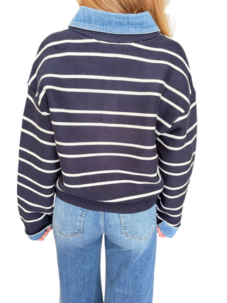 Striped Contrast Denim Collar Sweater Top