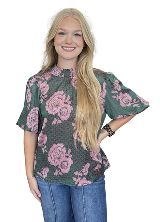 Smocked High Neck Bubble Sleeve Floral Top