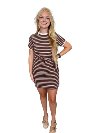 Stripe print short sleeve mini dress featuring self-tie waist detail