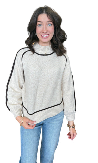 Solid long balloon sleeve sweater top with a mock neck