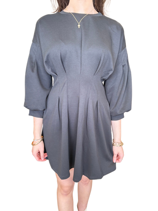 Long Sleeve Pleated Waist Detail Dress