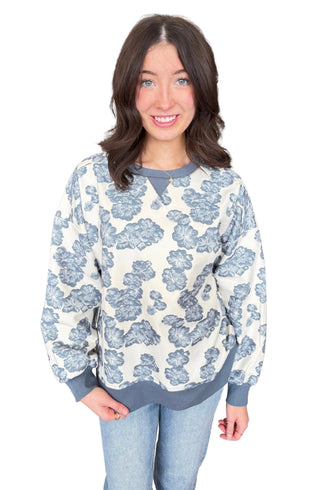Denim Floral Vintage Waffle Pullover