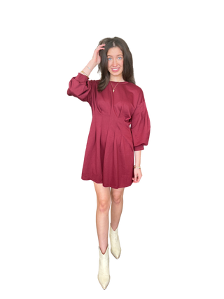 Long Sleeve Pleated Waist Detail Dress