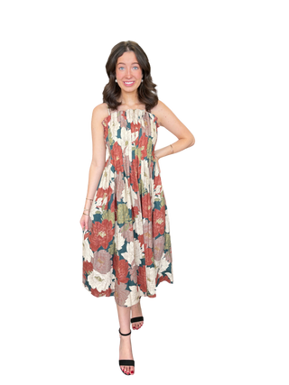 Floral sleeveless midi dress featuring a straight neckline