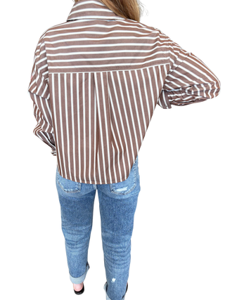 Brown Stripe Long Sleeve Pearl Snap Shirt
