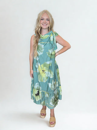 Ruffle Neck Tie Sleeveless Midi Floral Dress