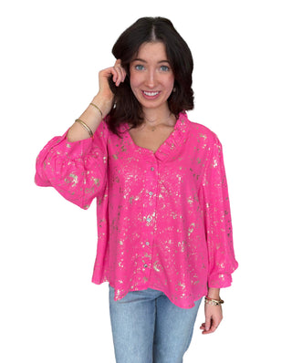 Ruffled Neckline Button Down Metallic Blouse