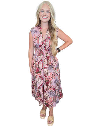 Scarf Print Front Zip Closure Cinched Waist Midi Dress