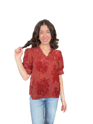 Ruffled V-Neck Textured Burnout Velvet Top