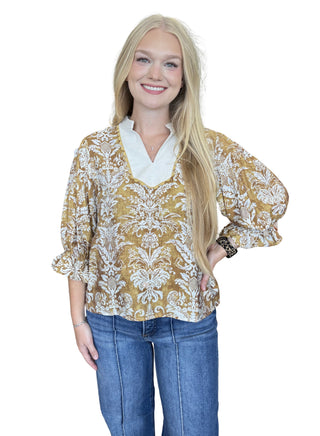 Mustard Scallop Trim Detail Paisley Printed Top