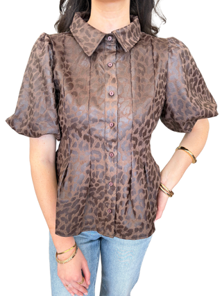 Pleated Collar Button Down Animal Faux Leather Top
