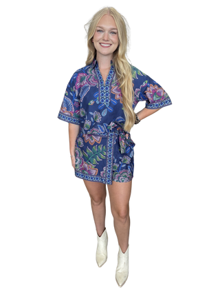 Indigo Botanical print short sleeve top featuring split V-neck collar