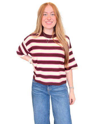Stripe short sleeve knit top featuring a round neckline