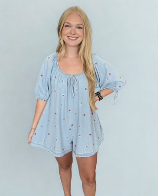 Embroidered Denim Romper With 3/4 Sleeve