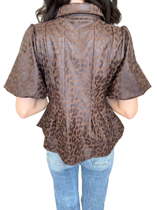 Pleated Collar Button Down Animal Faux Leather Top