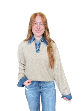 Sweater W/Denim Contrast Top