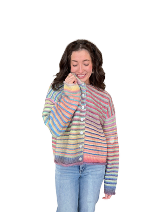 Multicolored Button Up Cardigan With Roll Details