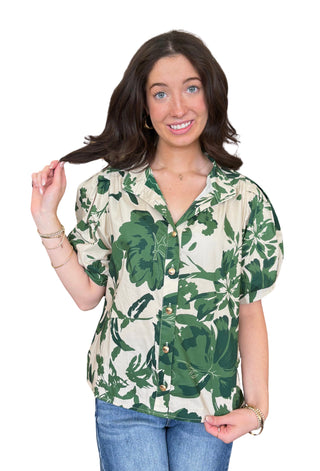 Printed floral short puff sleeve top featuring button closure at front