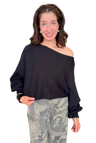 Black Puff Sleeve Knit Top