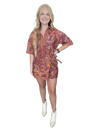 Terra Cotta Botanical print short sleeve top featuring split V-neck collar