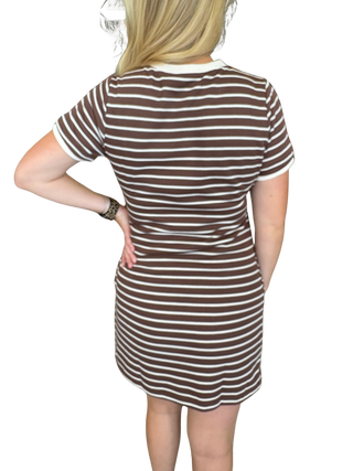 Stripe print short sleeve mini dress featuring self-tie waist detail