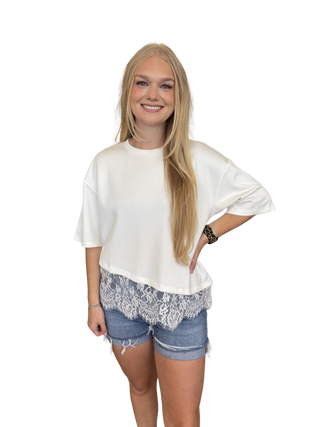 Solid short sleeve knit top featuring scallop lace hem detail