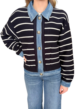 Stripe Knit And Denim Cardigan