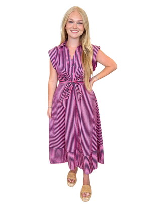 Striped cap sleeve midi dress featuring V-neck with self-tie detail at front