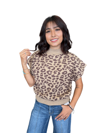 Leopard Cap Sleeve Knit Top Sweater