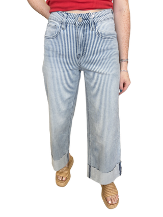 High Rise Cuffed Striped Crop Wide Jeans