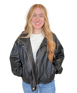 Vegan Leather Funnel Neck Bomber Jacket
