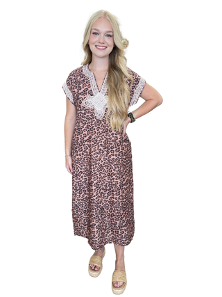 Leopard print short sleeve miidi dress featuring braided applique detail at front and V-neckline
