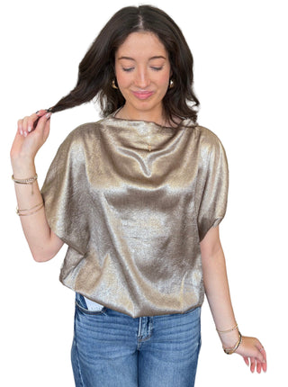 Metallic With High Neck Blouson Top