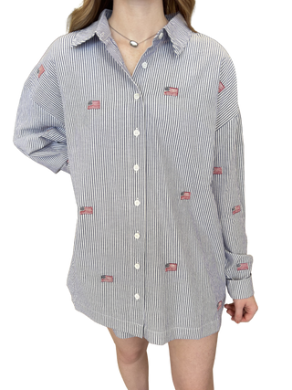Striped Flag Embroidered Oversized Button Down Shirt