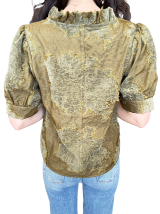 Ruffled V-Neck Textured Burnout Velvet Top