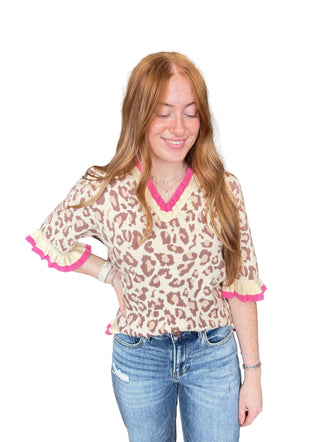 Stripe Ruffle Detailed Animal Print Knitted Top