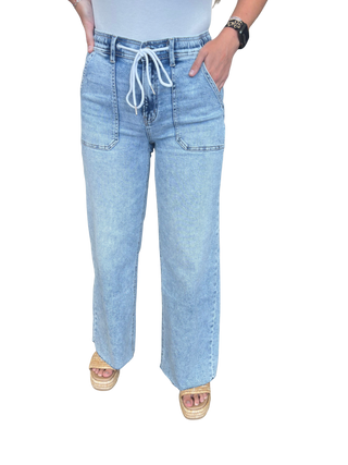 High Rise Drawstring Waistband Wide Leg Jeans