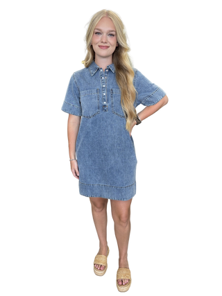 Luna Denim Dress W/Short Sleeve Collared Dress