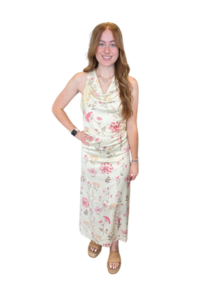 Cowl Neck Sleeveless Cross Back Floral Satin Midi Dresss