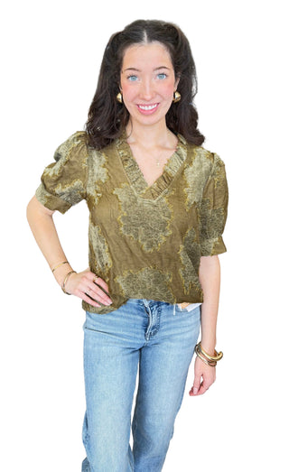 Ruffled V-Neck Textured Burnout Velvet Top