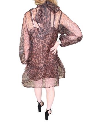 Leopard long balloon sleeve mini dress with a mock neck and self-tie detail at back