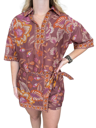 Terra Cotta Botanical print short sleeve top featuring split V-neck collar