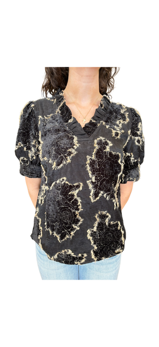 Ruffled V-Neck Textured Burnout Velvet Top