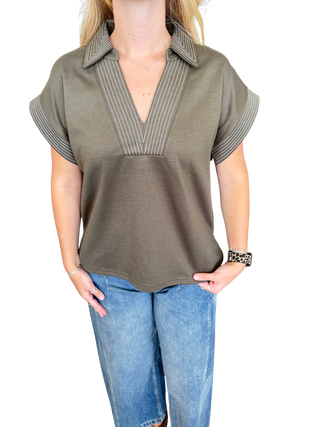 Olive Top With Embroidered Detail Stitching