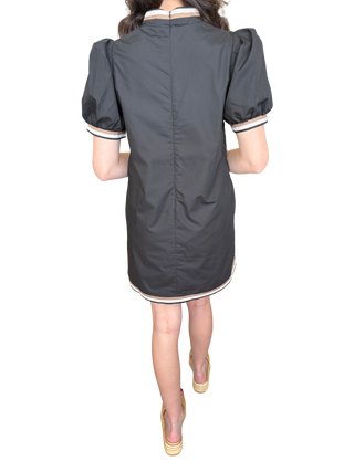 Solid short puff sleeve mini dress featuring a V-neck