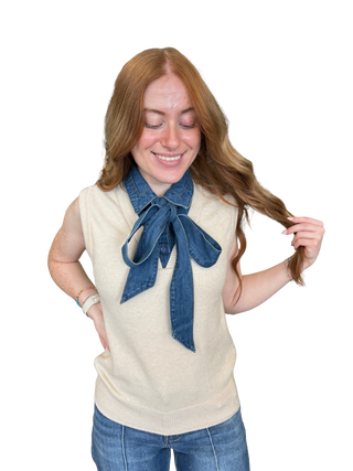 Denim Tie Neck Sleeveless Knit Top