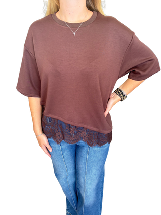 Solid short sleeve knit top featuring scallop lace hem detail