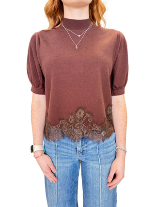 Solid short puff sleeve sweater top with a mock neck