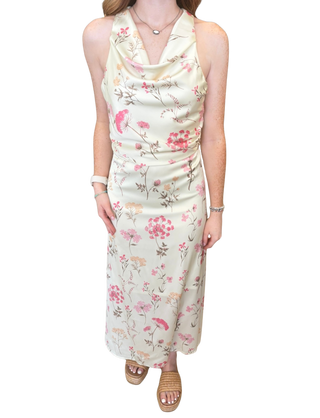 Cowl Neck Sleeveless Cross Back Floral Satin Midi Dresss