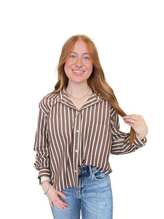 Brown Stripe Long Sleeve Pearl Snap Shirt